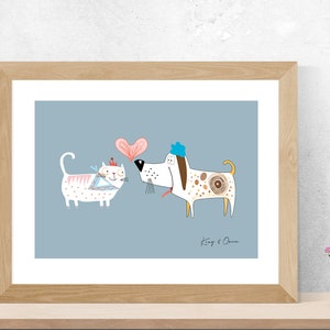 Unframed A4 or A3 Print of Quirky Cartoon Cat and Dog