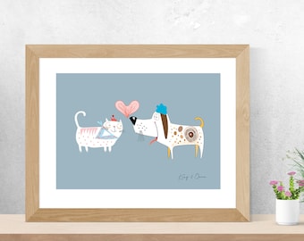 Unframed A4 or A3 Print of Quirky Cartoon Cat and Dog