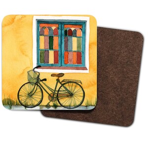 Set of 4 Hardboard Coasters, Vintage Bicycle, Rustic Scene, Stained Glass Window