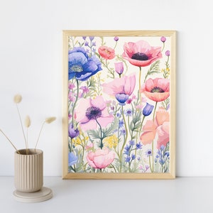 Art Print of Watercolour Wildflower and Poppies Print, Flower Print, Floral Print, Flower Poster, Unframed Print