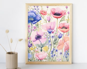 Art Print of Watercolour Wildflower and Poppies Print, Flower Print, Floral Print, Flower Poster, Unframed Print