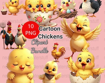 Cartoon Chicken Clipart Bundle, Cute Chicks Png, Farm Animals Design, Commercial Use Graphics for craft projects, scrapbooking illustrations