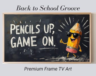 Back to school frame TV art, pencils up game on chalkboard artwork, colorful classroom wall decor, educational digital download