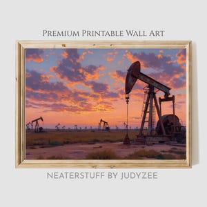 Printable Sunset Pumpjack Landscape - Rustic Country Oil Field Art, Moody Sunset Skies, Industrial Decor, Vintage Digital Wall Art 224
