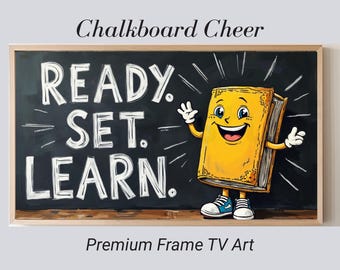 Back to school frame TV art, ready set learn chalkboard wall art, cartoon book classroom decor, colorful educational digital download