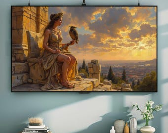 Athena at Dusk Frame TV Art, Greek Mythology Goddess With Owl at