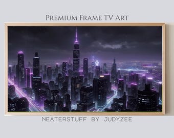 Futuristic City Skyline Frame TV Art, Sci-Fi Urban Digital Art, Moody Cyber Landscape, Neon Cityscape Skyscraper TV Wall Art 930