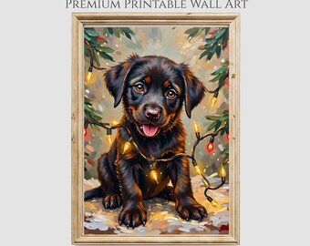 May include: A framed print featuring a black and brown puppy with a string of Christmas lights around its neck. The puppy is sitting and has its tongue out. The print has the text "PREMIUM PRINTABLE WALL ART" and "NEATERSTUFF BY JUDYZEE".