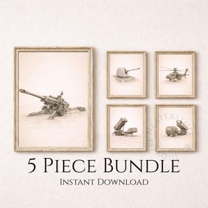 May include: Five-piece bundle of framed pencil sketches featuring military vehicles. Includes a large artillery piece, a naval gun, a helicopter, a missile launcher, and a military truck. The text "5 PIECE BUNDLE" and "INSTANT DOWNLOAD" are displayed.