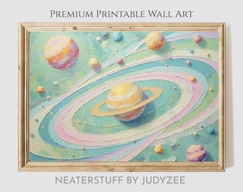 Pastel Planetary Orbit Art - Printable Space Theme, Vintage Solar System Decor, Colorful Outer Space Wall Art, Galaxy Artwork Download 402