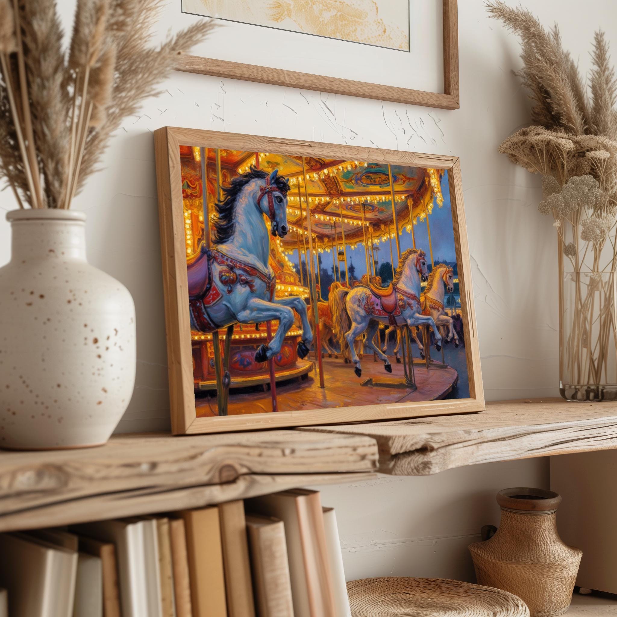 Vintage Carousel Horses Wall Art Print, Moody Night Carnival Scene ...