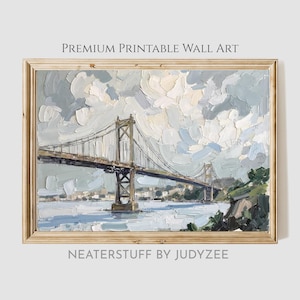 Arte de ponte de paisagem urbana para impressão - Pintura de paisagem urbana vintage, vista rústica do rio, arte de parede digital, decoração charmosa para impressão 382