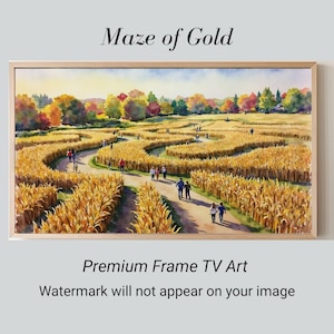 May include: A framed watercolour painting titled "Maze of Gold" shows a golden corn maze with people walking through it. The artwork features a warm colour palette of yellows, oranges, and greens, with a light brown frame. The text "Premium Frame TV Art" is at the bottom.