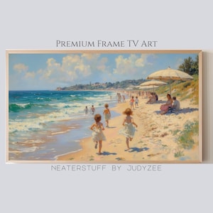 Vintage Summer Ocean Shoreline Frame TV Art, Seaside Kids, Beachgoers, Impressionist Coastal Seascape, Shore and Surf Digital Download 1075