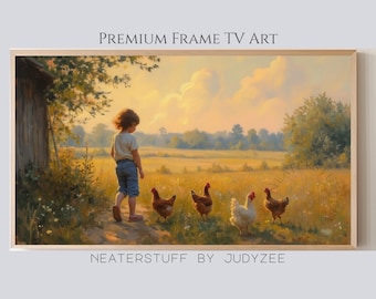 Cuadro decorativo para TV con paisaje de chica de granja rústica y gallinas, escena campestre, decoración acogedora de primavera, descarga digital pastoral cálida 1321