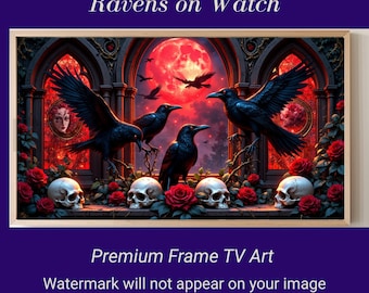 Gothic Raven Frame TV Art, Dark Fantasy Skull Wall Art, Red Moon Halloween Digital Decor, Haunted Castle TV Display for Samsung TV