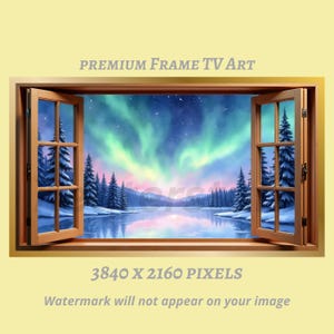 May include: A digital artwork depicting a winter landscape viewed through an open wooden window frame. The scene features a snowy forest, a frozen lake, and a vibrant aurora borealis in shades of green, blue, and pink. Text on the image reads "PREMIUM FRAME TV ART" and "3840 X 2160 PIXELS".
