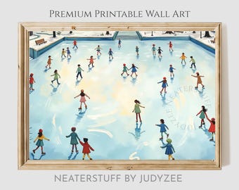 Escena de patinaje sobre hielo invernal: arte mural navideño vintage imprimible, decoración navideña acogedora, pintura festiva de pista de hielo, impresión digital invernal 189