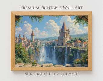 Paisaje urbano con cascada imprimible: escena de castillo de ensueño, arte natural vibrante, arquitectura fantástica, decoración de pared escénica, impresión digital 168