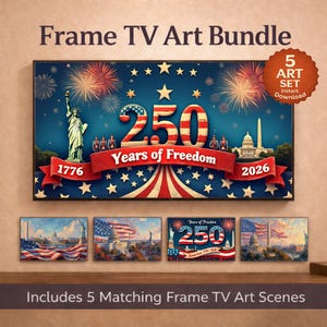 以下が含まれることがあります： 愛国的なデザインのFrame TVアートバンドル。メイン画像には「250 Years of Freedom」と1776年と2026年、自由の女神、花火が表示されています。5つのマッチングアートシーンが含まれています。