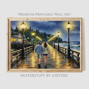 Romantic Evening Walk on Pier Print - Printable Nighttime Landscape, Rustic Seaside Art, Charming Couple Stroll Decor, Wall Art 107