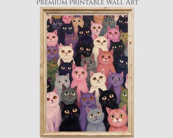 Whimsical Cat Portraits, Printable Wall Art, Colorful Feline Painting, Playful Kitty Collage, Charming Animal Posters, Unique Home Art 281