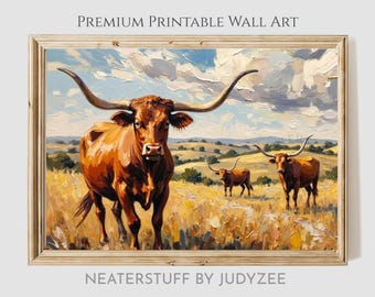 Rustic Longhorn Cattle Painting - Earthy Farm Landscape, Printable Wall Art, Countryside Decor, Vintage Ranch Scene, Digital Download 201