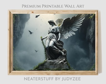 Greek mythology printable art, Winged Victory of Samothrace, goddess Nike statue in misty ruins, historical artwork digital download 205