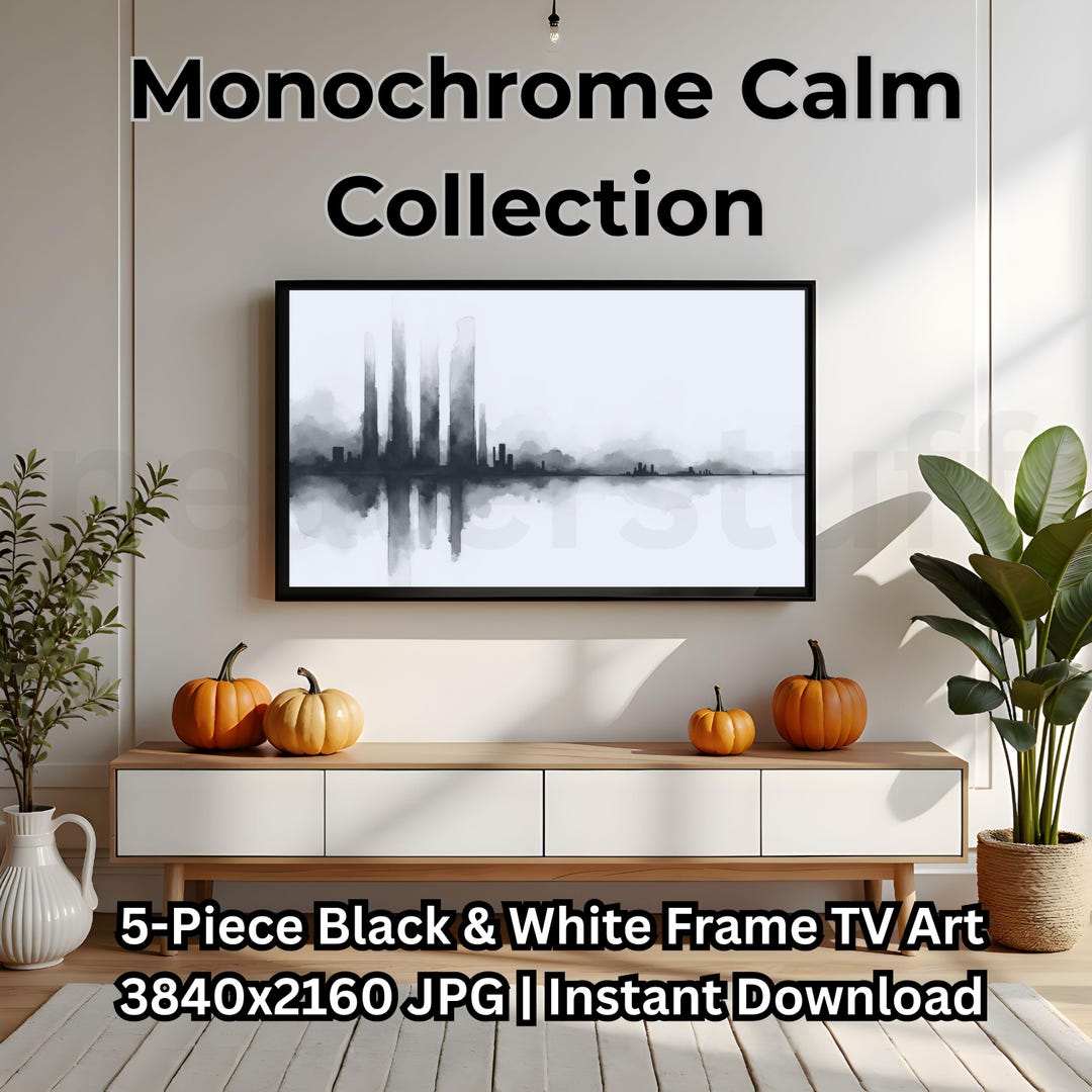 Monochrome Calm Frame TV Art Bundle, Black and White Ink Wall Art ...