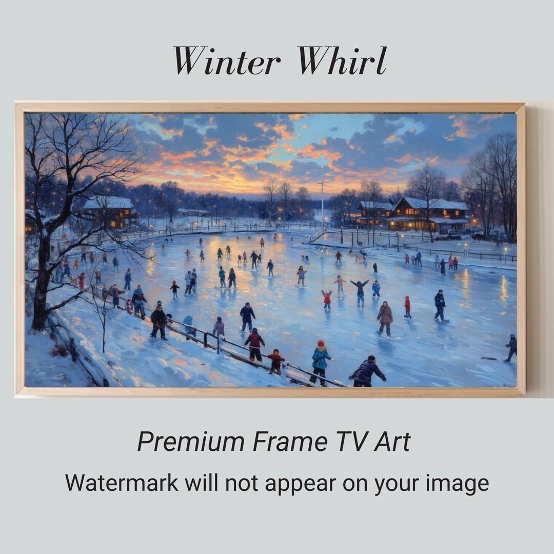 Winter Ice Skating Rink Scene Frame Tv Art, Cozy Cabin Landscape ...