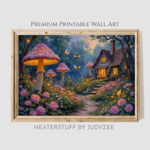 May include: A framed print of a whimsical landscape featuring a cottage, mushrooms, and flowers. The artwork has a warm color palette with pink, yellow, and blue hues. The text "PREMIUM PRINTABLE WALL ART" and "NEATERSTUFF BY JUDYZEE" are visible.