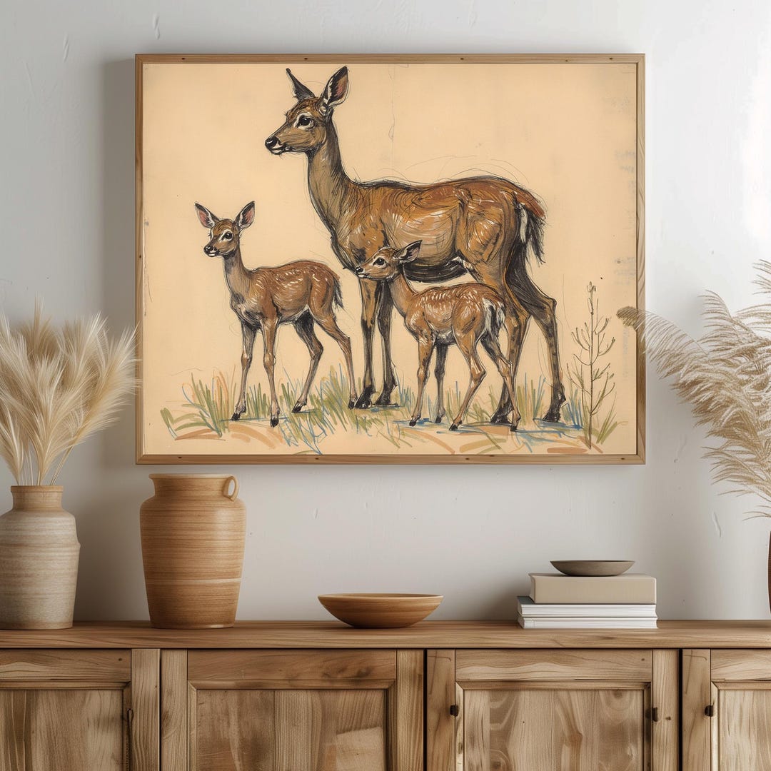 Rustic Printable Deer Family Wall Art, Doe and Fawns, Vintage ...