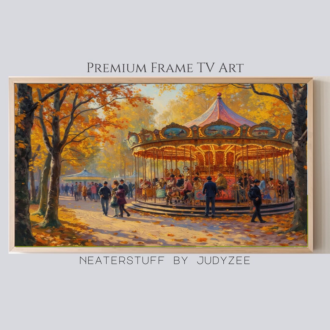 Vintage Carousel Autumn Frame TV Art, Fall Amusement Park Scene, Merry ...