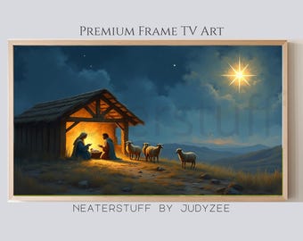May include: A framed print of a nativity scene. The artwork depicts a wooden stable illuminated from within, with figures inside and sheep outside. The night sky is dark blue with a bright star. Text at the top reads "PREMIUM FRAME TV ART".
