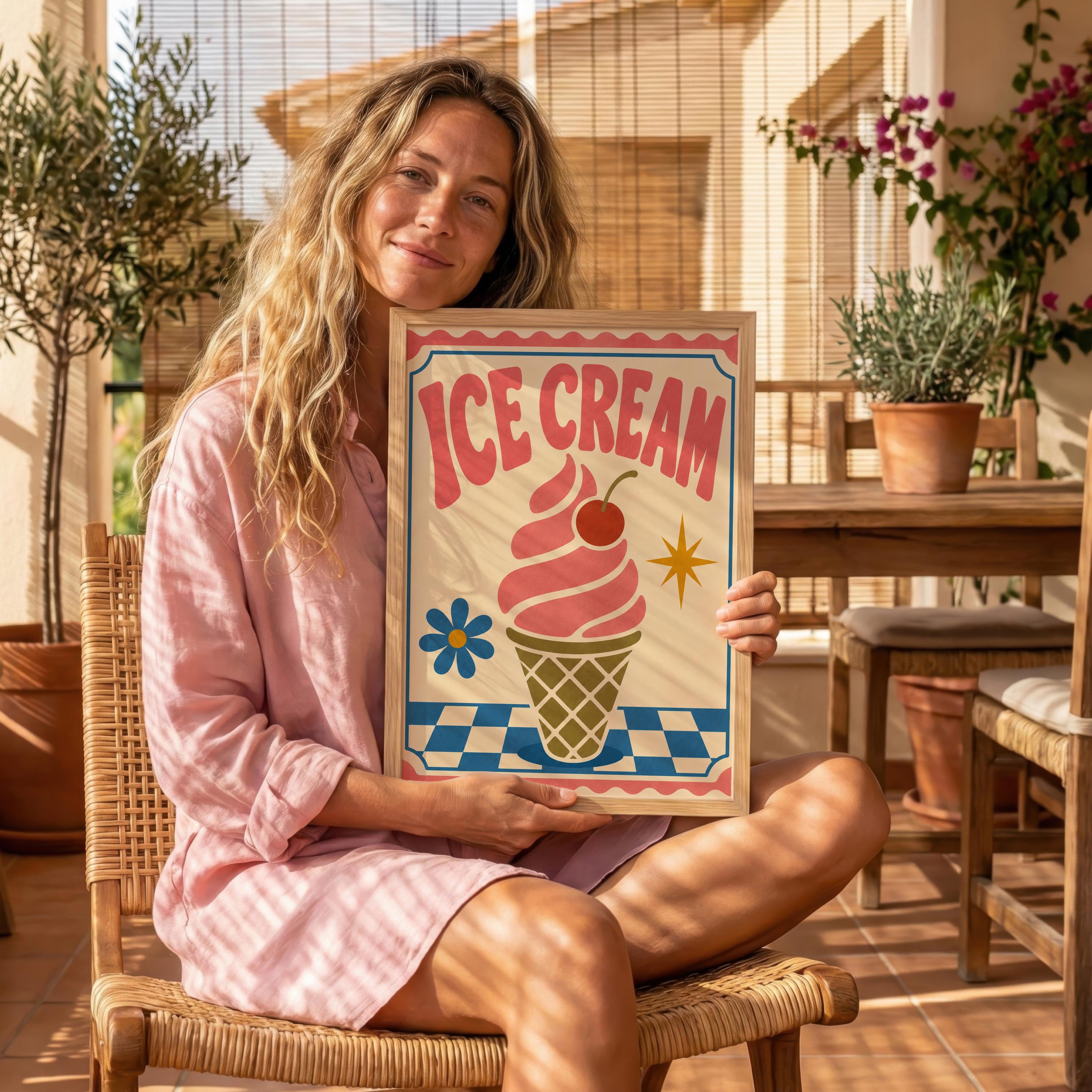 Retro Ice Cream Cone Poster, Vintage Diner Summer Wall Art
