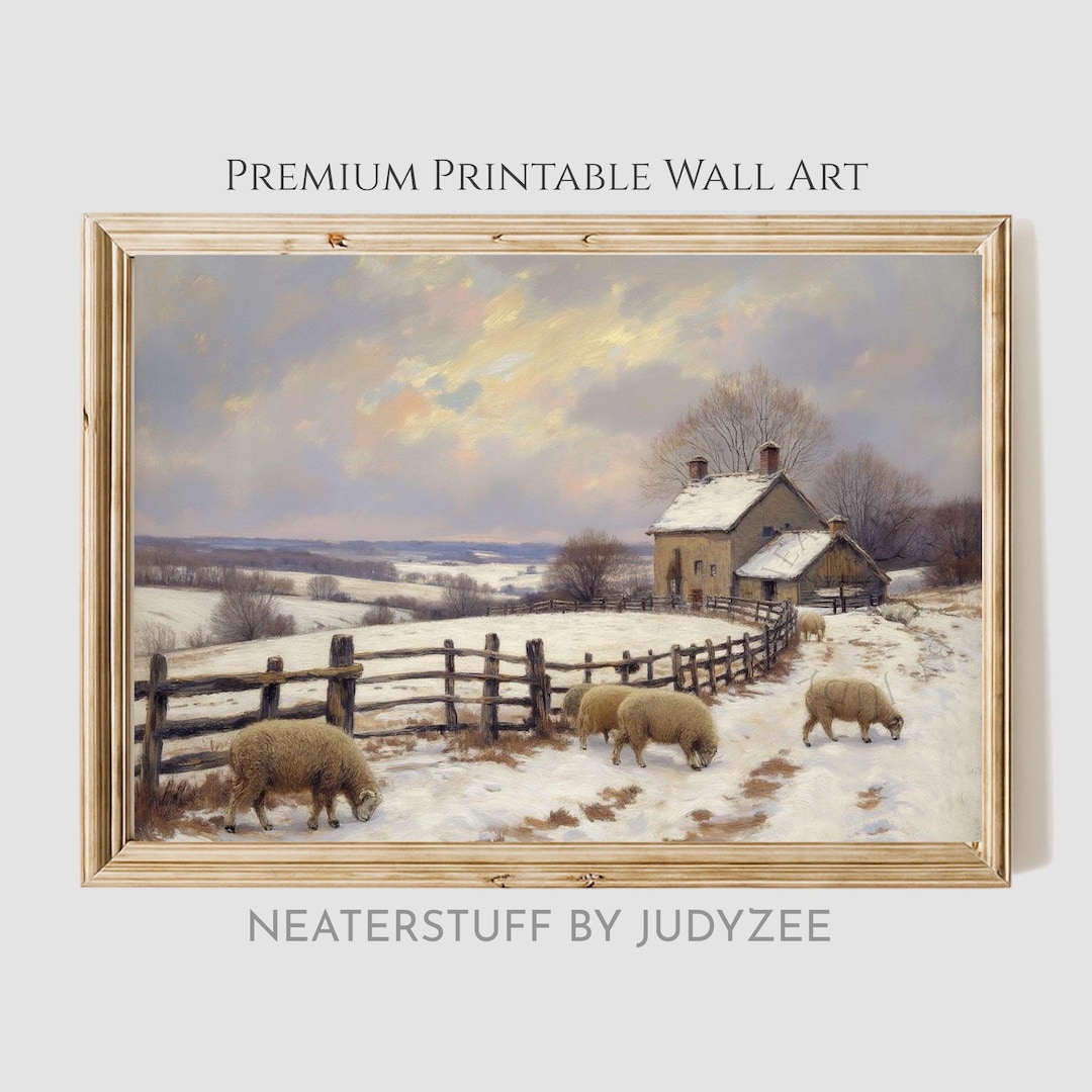 Winter Sheep Scene Printable Wall Art - Rustic Farmhouse Landscape ...