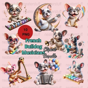 Zestaw clipartów French Bulldog, Psy muzyków, Pies z kreskówek, Słodkie szczeniaki PNG, Grafiki dla zwierząt, Ilustracje psów, Projekty rzemieślnicze