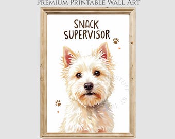Retrato rústico de filhote de Westie, pintura de Terrier brincalhão, arte fofa de cachorro de fazenda, decoração de parede aconchegante, impressão digital para download com tipografia fofa 797