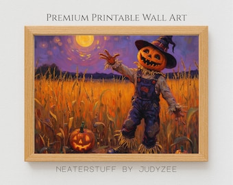 Halloween Scarecrow and Pumpkin Patch Art - Spooky Autumn Harvest Scene, Rustic Farmhouse Printable Decor, Fall Wall Art Download 89