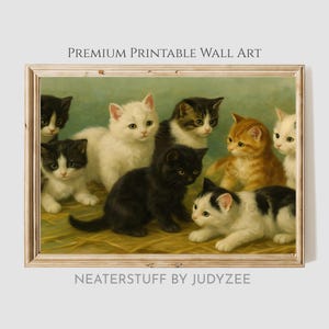 Vintage Kitten Group Painting - Charming Printable Cat Wall Art, Rustic Cottagecore Decor, Feline Companions yard long, Downloadable Art 264