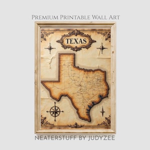 May include: Framed wall art featuring a vintage map of Texas. The map is in shades of brown and tan, with a compass rose and decorative elements. The word "TEXAS" is displayed prominently. The frame is light brown. Text at the top reads "PREMIUM PRINTABLE WALL ART".