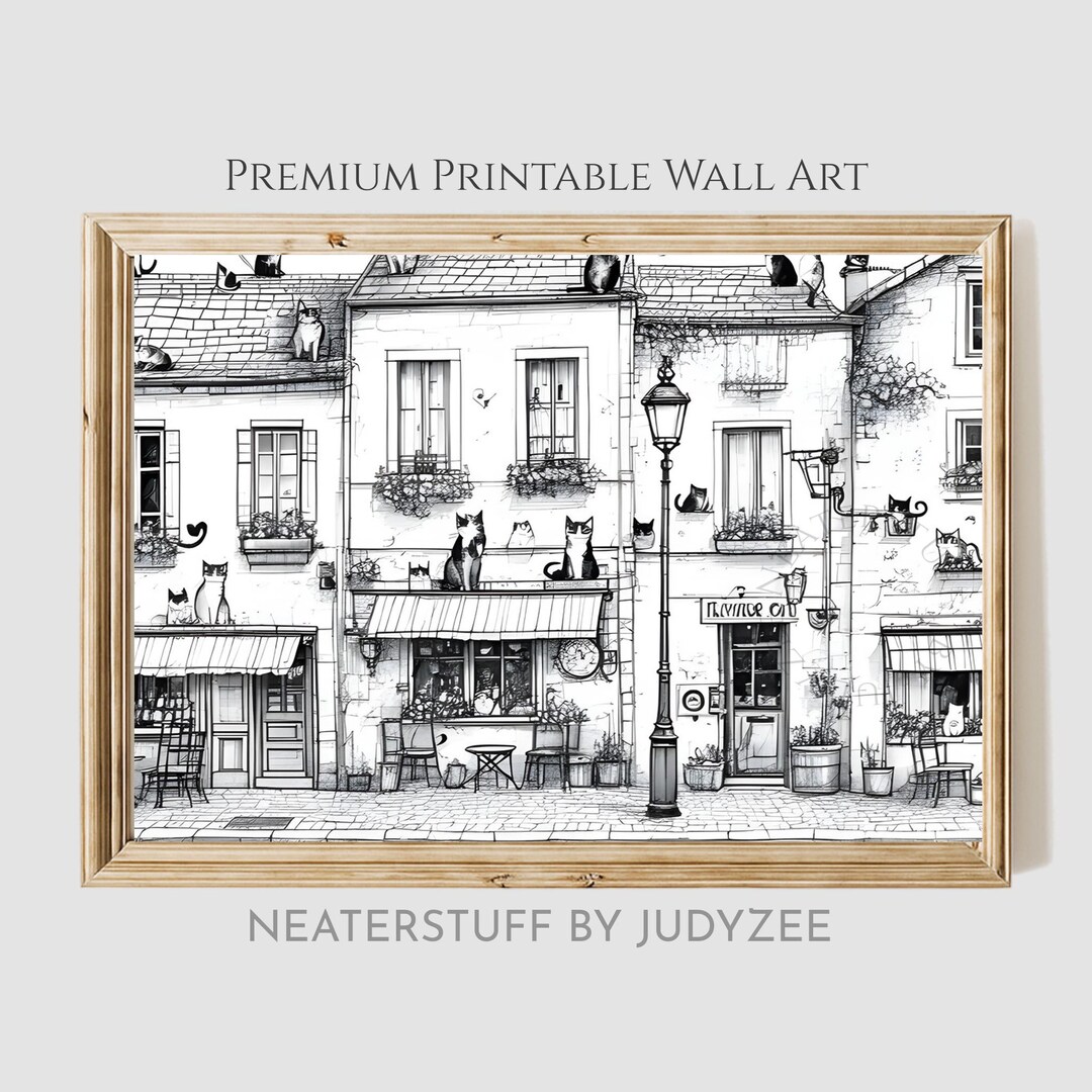 Whimsical Cat Cafe Street Art, Black & White Drawing, Cozy European ...