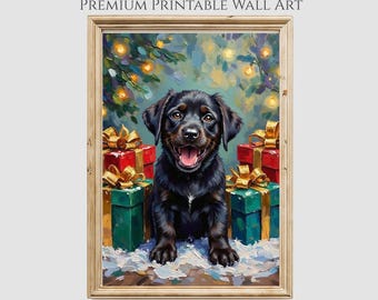May include: A framed print featuring a black puppy with a happy expression, surrounded by wrapped gifts in red and green with gold bows. The background includes a Christmas tree and string lights. The text "PREMIUM PRINTABLE WALL ART" and "NEATERSTUFF BY JUDYZEE" are visible.