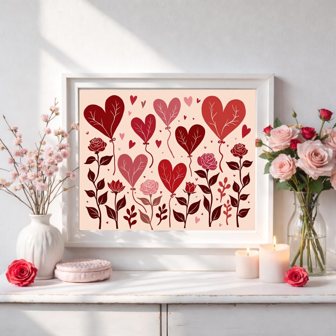 Valentine’s Heart Balloons Printable Wall Art, Cute Romantic Wall Decor ...