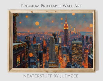 Moody New York City Printable Night Skyline - Empire State Building Art, Romantic Urban Nightscape, Cozy Rooftop View, Digital Download 730