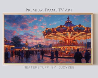 Vintage Carousel Frame TV Art, Evening Carnival Scene, Festive Fairground Print Digital Decor, Moody Sky Artwork Merry-go-round Download 69