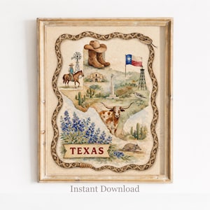 Texas State Map Wall Art, Rattlesnake Border, Vintage Western Icons, Country Farmhouse Home Decor, Watercolor Poster Style, Download 1355