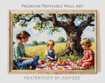 Charming Picnic Under Summer Tree - Printable Vintage Family Day Art, Rustic Countryside Scene, Cottagecore Wall Decor, Digital Download 219