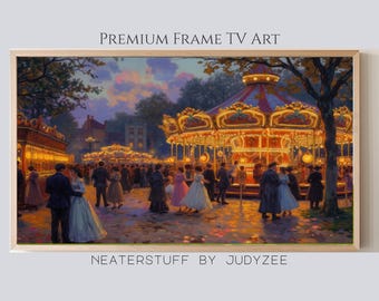 Vintage Carousel scene Frame TV Art, Festive Carnival Night Lights, Merry go round hobby horses, Nostalgic Decor, Digital Download 73
