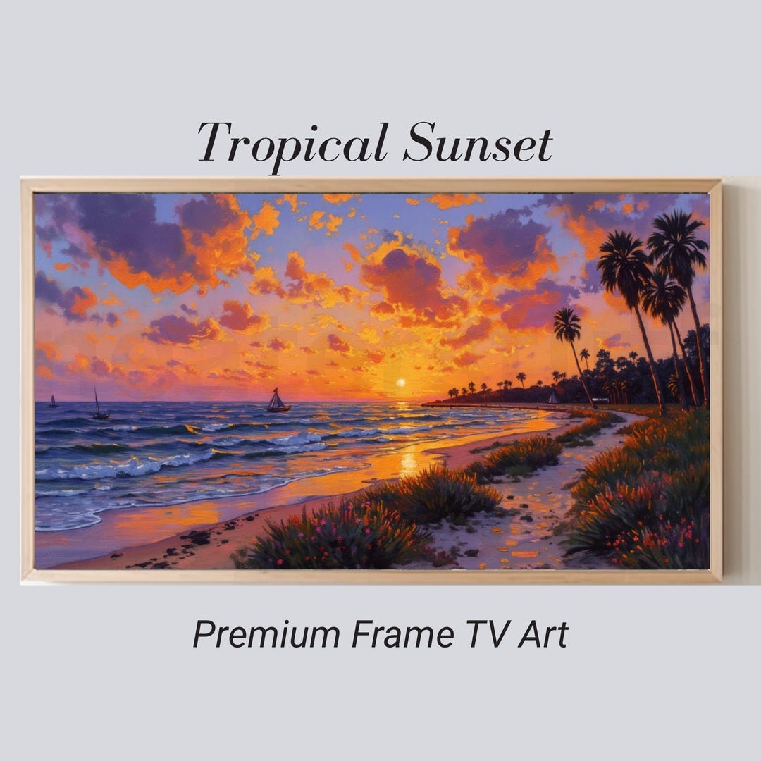 Golden Horizon Sunset Beach Scene Frame TV Art, Tropical Ocean